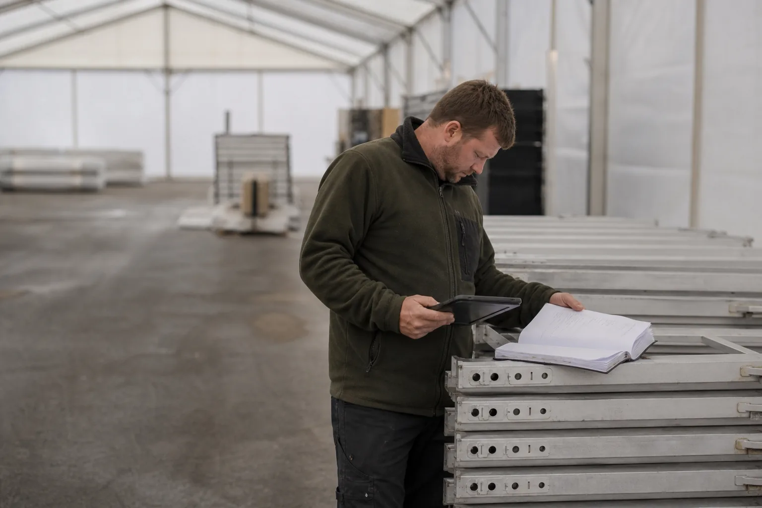 Monteur mit Prüfbuch und Tablet beim Aufbau eines Festzelts