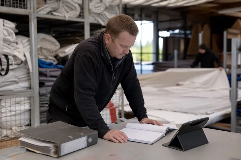 Prüfbuch, Papierordner und Tablet liegen auf einem Tisch in einer Lagerhalle.
